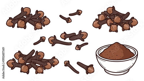 Cloves and Ground Clove Powder Hand Drawn Spice Illustration Set