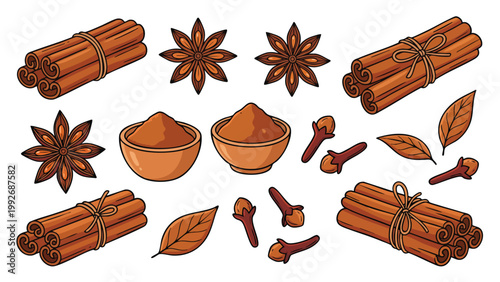 Cinnamon Bundles Star Anise Cloves and Bay Leaves Hand Drawn Spice Set
