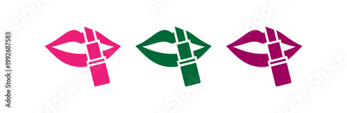 Three icons of lips with lipstick in symbolizing beauty and makeup