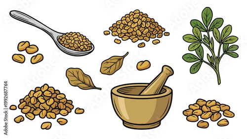 Fenugreek Seeds and Leaves Hand Drawn Herbal Spice Illustration