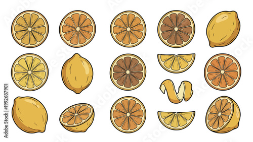 Dried Lemon Slices and Whole Lemons Hand Drawn Citrus Set