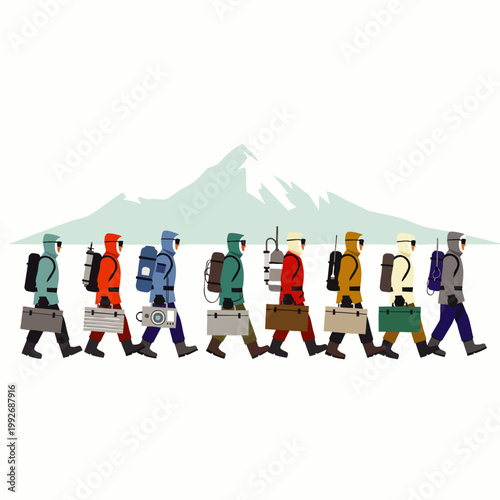 Diverse team of business adventurers with briefcases and climbing gear trek through a snowy mountain landscape, symbolizing a challenging corporate journey and teamwork.