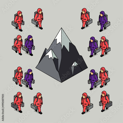 Isometric illustration of hikers and climbers surrounding a snow-capped mountain, representing adventure, exploration, and the journey to a challenging peak.