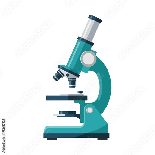 Flat design illustration of a teal and dark blue compound microscope on a white background