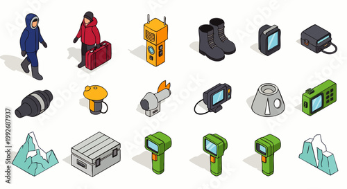 Isometric vector icons of arctic expedition gear, winter survival equipment, scientific research tools, and travel essentials for extreme cold environments.