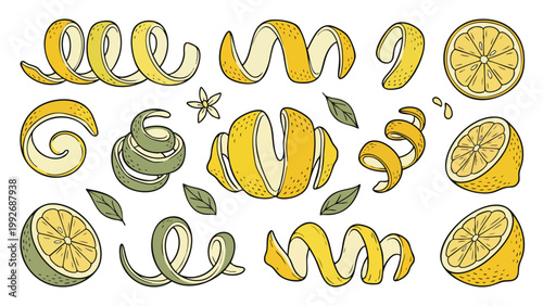 Hand Drawn Lemon Peel Twists and Citrus Elements Set