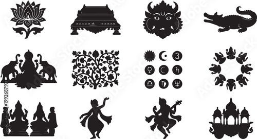 Mahavir Jayanti Silhouette Set of 12 Vector Icons Lord Mahavir Jain Religious Festival