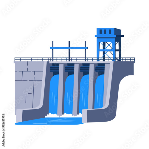 Flat illustration of a concrete hydroelectric dam structure with water spilling through open sluice gates