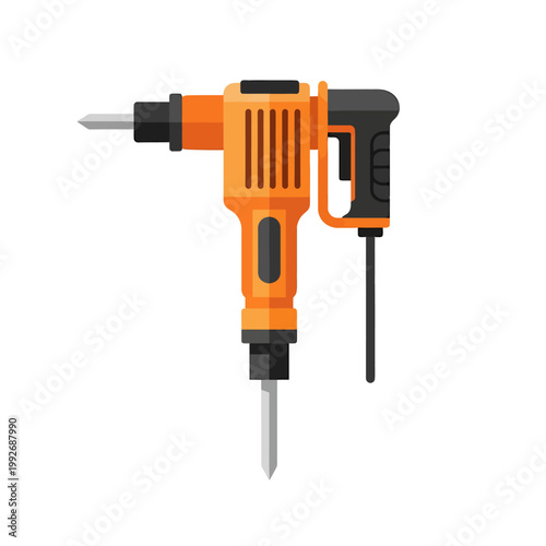 Flat illustration of an orange and black jackhammer or demolition hammer