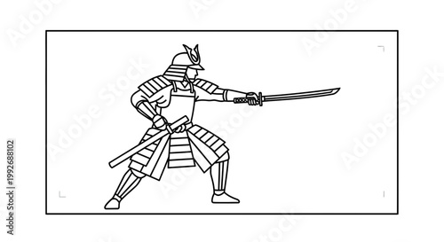Samurai warrior in traditional armor with katana sword, dynamic pose, black and white illustration