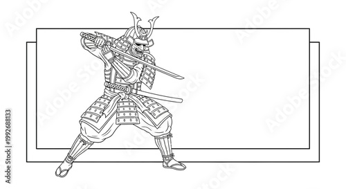 Samurai Warrior in Traditional Armor with Swords, Dynamic Pose, Black and White Line Art