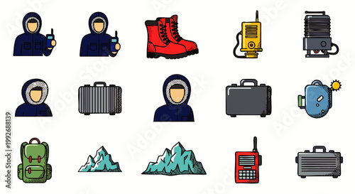Winter expedition and outdoor adventure icon set, featuring parkas, snow boots, walkie-talkies, briefcases, backpacks, and icy mountains.