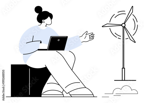 Renewable energy, sustainable technology, eco-friendly solutions, environmental awareness, clean power, and innovation. Woman with laptop gesturing towards wind turbine. Renewable energy