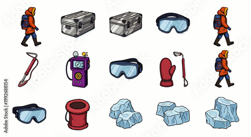 Collection of cartoon-style winter expedition equipment and gear, including climbers, ice axe, goggles, and survival items