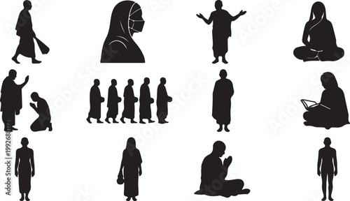Mahavir Jayanti Silhouette Set of 12 Vector Icons Lord Mahavir Jain Religious Festival