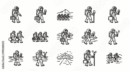 Diverse Astronauts and Space Exploration Line Art Icons: Illustrating Cosmic Journeys, Futuristic Adventures, and Discovery on Alien Planets