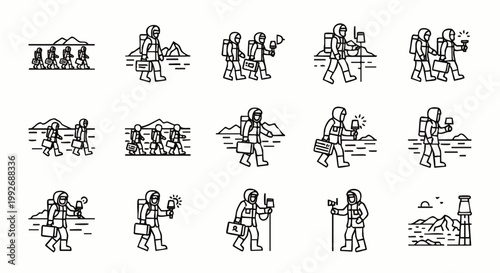 Vector line icons for space exploration, featuring astronauts and futuristic explorers on alien planets, symbolizing scientific discovery and cosmic adventure.