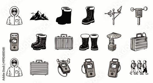 Vintage hand-drawn icons for adventure, exploration, and outdoor survival. Features explorers, mountains, rugged boots, scientific instruments, and tools.