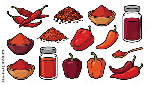 Hand Drawn Paprika and Red Pepper Spice Illustration Set