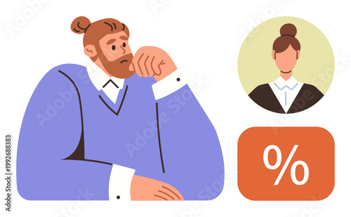 Financial planning, decision-making, budget analysis, business strategy, economic concepts, career management. A thoughtful man with a percentage sign and business profile. Financial planning