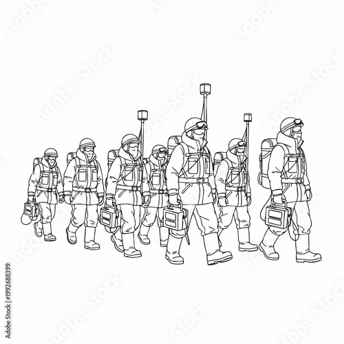 Illustration of a professional team, possibly miners, cavers, or search and rescue, equipped with helmets and gear, marching in a single file.