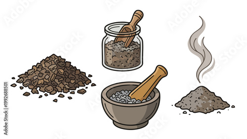 Smoked Salt Production Process Illustration with Mortar and Pestle