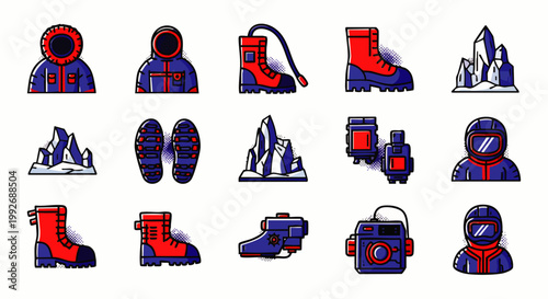 Set of expedition equipment icons: parka, boots, ice axe, crampons, camera, and icebergs for adventure and exploration