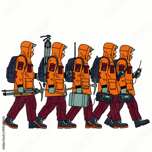 Team of explorers in orange winter gear with backpacks and equipment walking in a line, outdoor adventure expedition