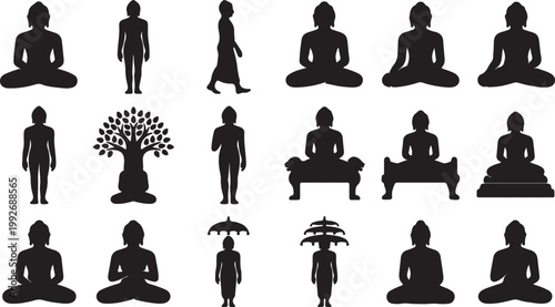Mahavir Jayanti Silhouette Set of 12 Vector Icons Lord Mahavir Jain Religious Festival