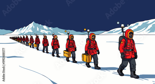 Expedition Team in Red Parkas Marching in Single File Across Snowy Arctic Landscape with Mountains in Background