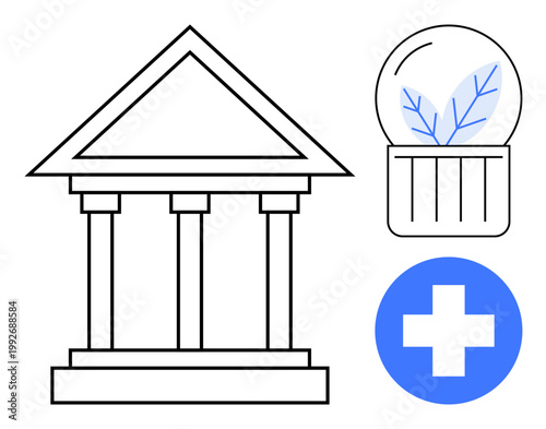 Health services, environmental conservation, sustainability, governance, public safety, medical care. Government building, health symbol eco leaf inside a container. Sustainability and health