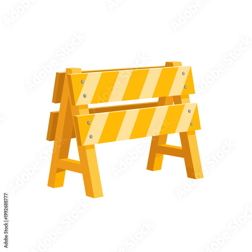 Yellow and white striped wooden construction barrier on a white background