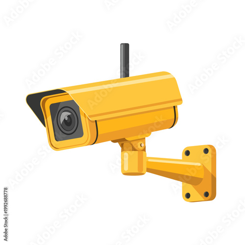 Yellow outdoor security camera illustration with antenna mounted on an arm