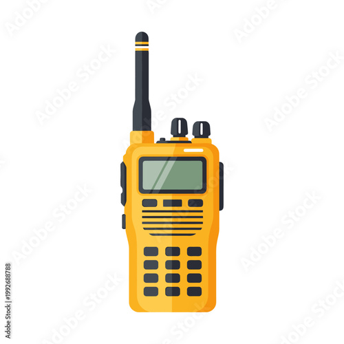 Yellow handheld twoway radio with black antenna and display screen
