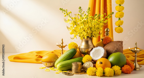 Traditional Vishu Festival Decorations with Yellow Kani Konna Flowers and Golden Accents on Minimalist Background Kerala New Year Aesthetic Concept