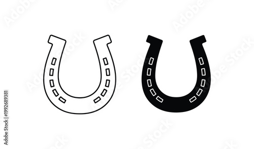 Two isolated horseshoes, one outlined and one filled, representing luck, farrier work, and equestrian culture on a white background.