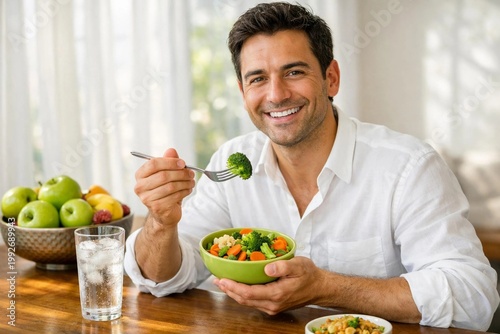 A smiling man in a white shirt enjoys a healthy bowl of steamed vegetables including broccoli and carrots at a wooden dining table.