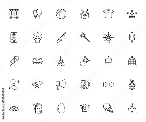 Circus icon set. Vector illustration pack with cage, balloons, magic hat, clown, elephant, circus tent and more. Editable thin line icons.