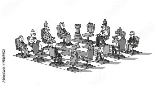 Business people sitting around a chessboard table.