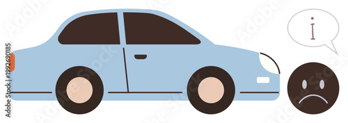Automotive troubles, communication, repair issues, customer dissatisfaction, car repair concepts, problem-solving. A blue car with a sad face and a speech bubble. Automotive troubles