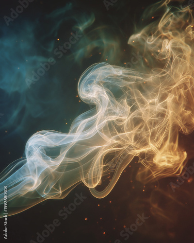 Abstract Smoke in Motion: An ethereal dance of swirling smoke, in hues of amber and azure, is a visual symphony of movement and texture against a deep backdrop, creating an immersive experience.