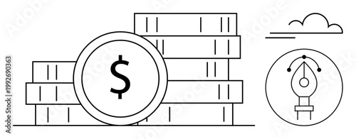 Financial planning, creative design, investments, business strategy, money savings, digital marketing. Stacked coins with dollar sign, pen tool and cloud. Financial planning and creative design