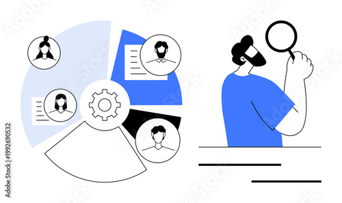 Human resources, recruitment, team management, data analysis, profile screening, and candidate evaluation. A pie chart showing profiles and a person analyzing data. Recruitment and human resources