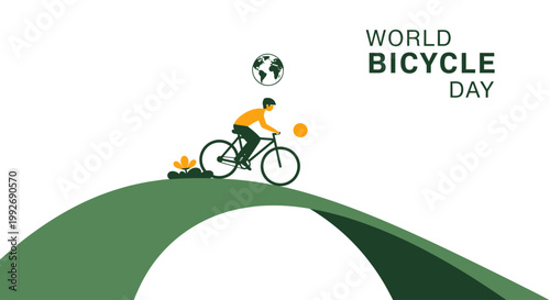 World Bicycle Day celebration with a man cycling on a green landscape.