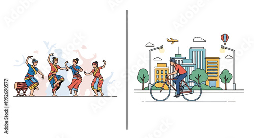 Split screen: Traditional dancers and man cycling in city