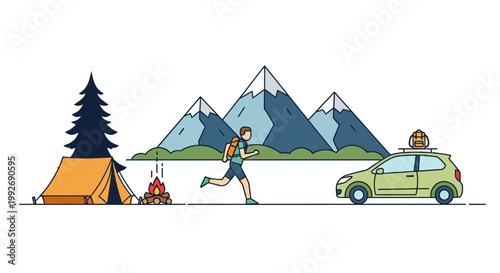Man running past a campsite and car with mountains in background.