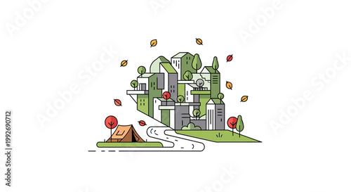 Stylized cityscape with a tent by a river in autumn.