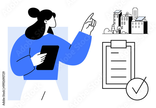 Urban planning, project management, sustainability, goal setting, documentation, eco-friendly initiatives. Person pointing at a cityscape and checklist. Urban planning and project management