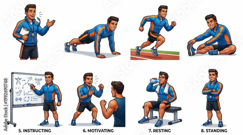 Fitness Coach Character Set Illustration Isolated on White Background featuring various poses like running, stretching, push-ups, and instructing for gym use.