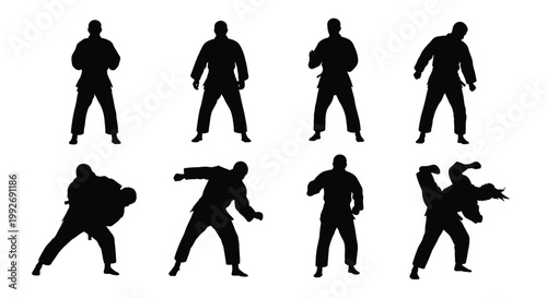 Martial artists in various poses demonstrate judo techniques silhouette